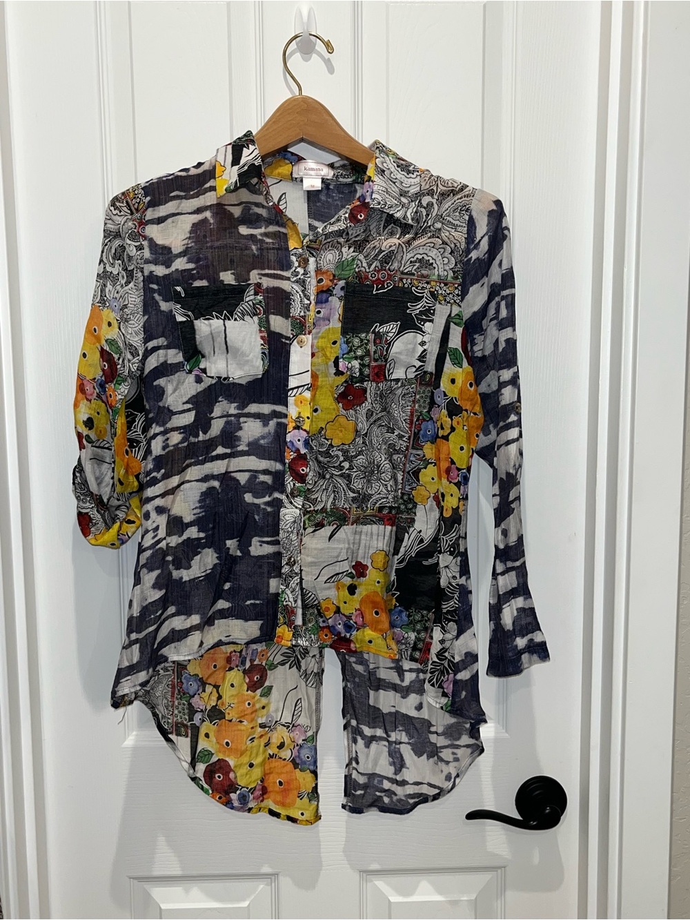 Kamana Floral Patchwork Button-Down Shirt - Yellow & Navy